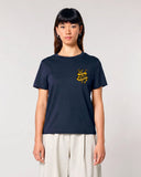 V the Podcast Man's Ruin dames T-shirt navy – voorkant met V the Podcast-logo